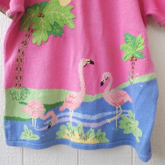 Vtg Quacker Factory Flamingo Knit Top Tunic XL Pink Tropical Retro Cruise Artsy - Picture 5 of 11
